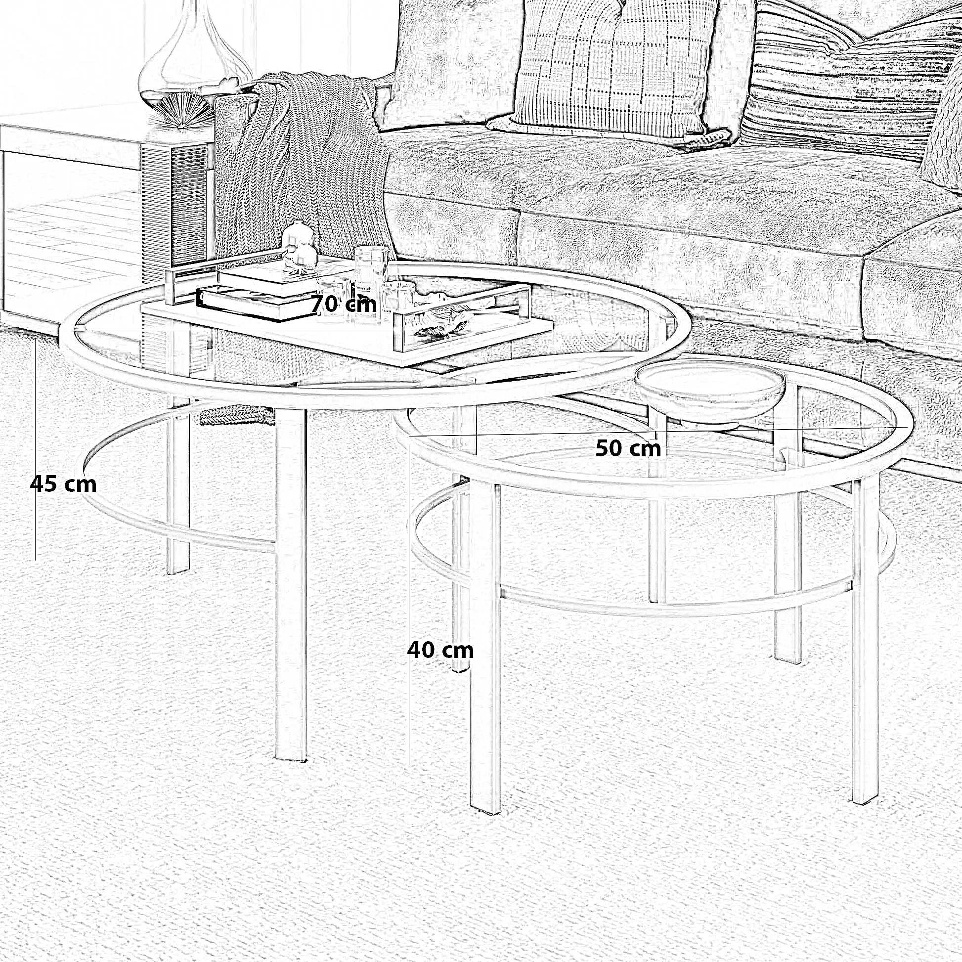 طقم ترابيزات ستيل قطعتين طاولة قهوة عصرية بزجاج شفاف وإطار معدني أنيق وتصميم دائري متداخل