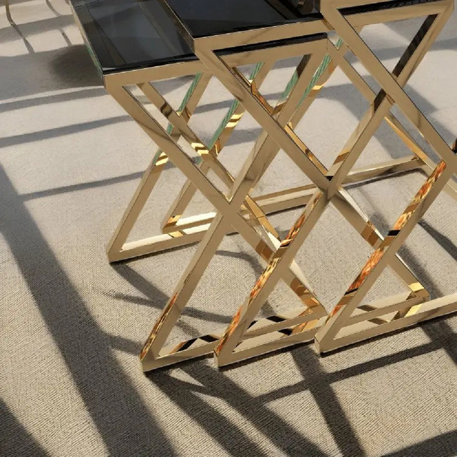 طقم ترابيزات جانبية متداخلة ستيل بسطح زجاج، 3 قطع