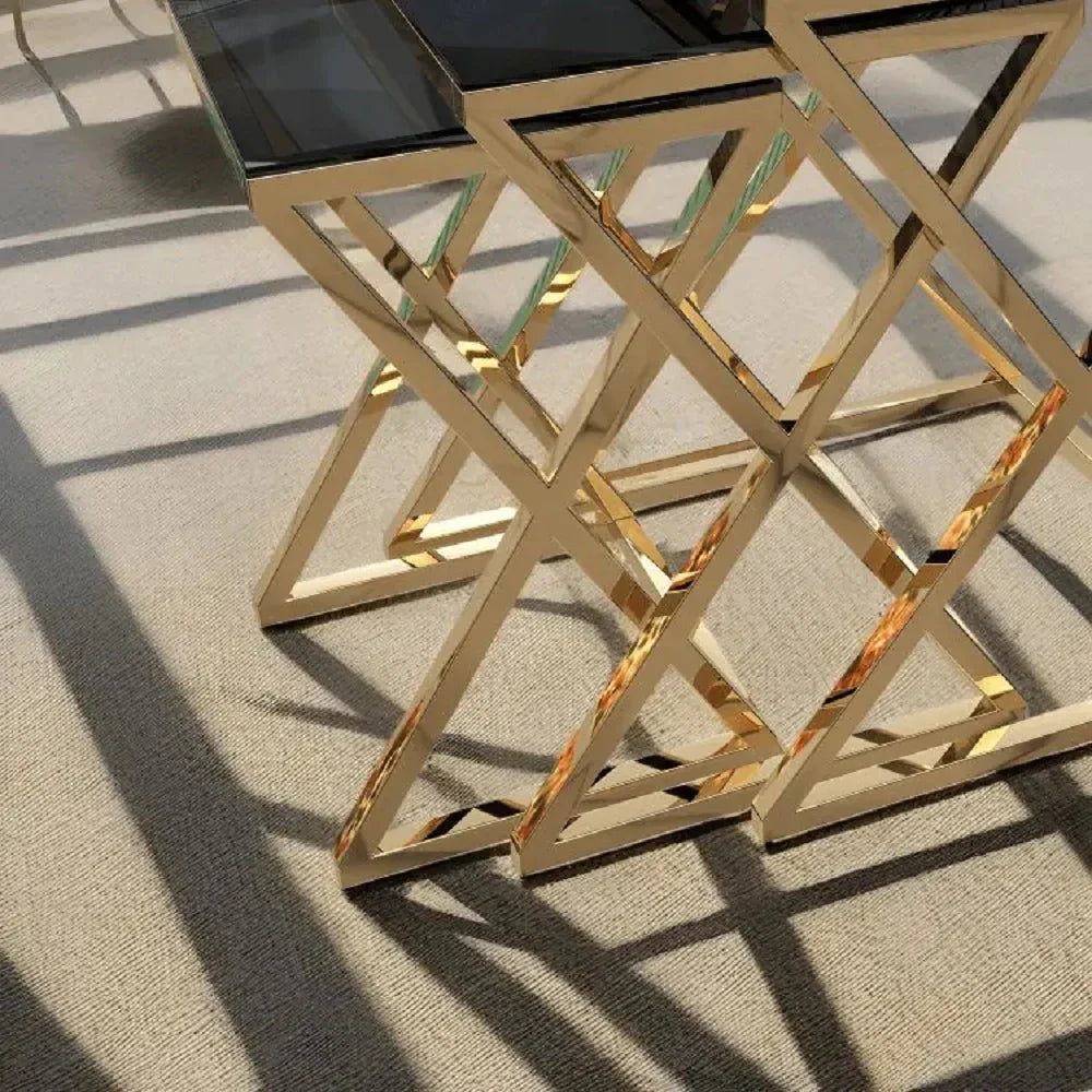 طقم ترابيزات جانبية متداخلة ستيل بسطح زجاج، 3 قطع