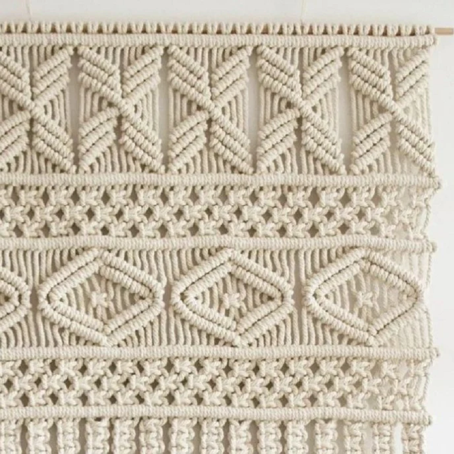 مكرمية حائط قطن وخشب طبيعي، 80*80 سم