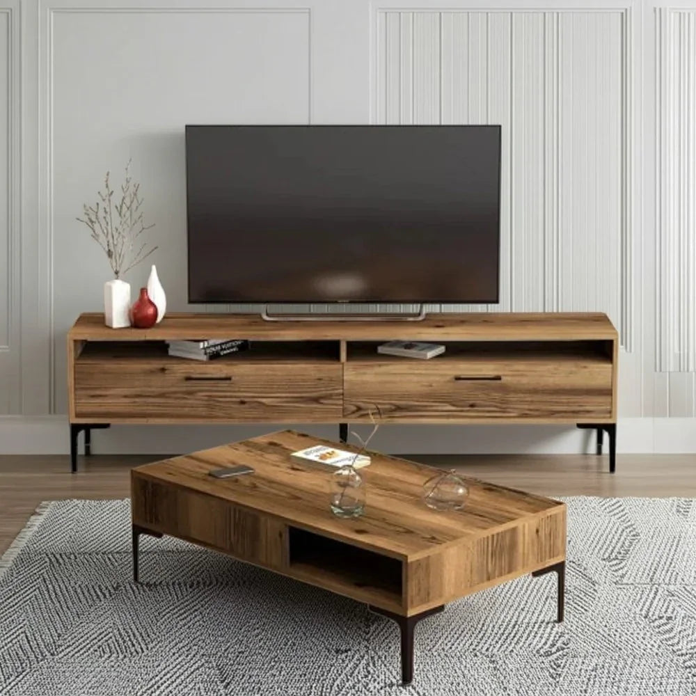 طقم ترابيزة تليفزيون مع ترابيزة قهوة، خشب ام دي اف - قطعتين