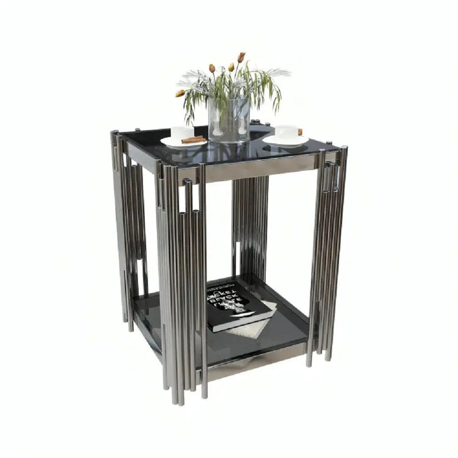 ترابيزة جانبية ستيل بسطح زجاج، 45*45*60 سم