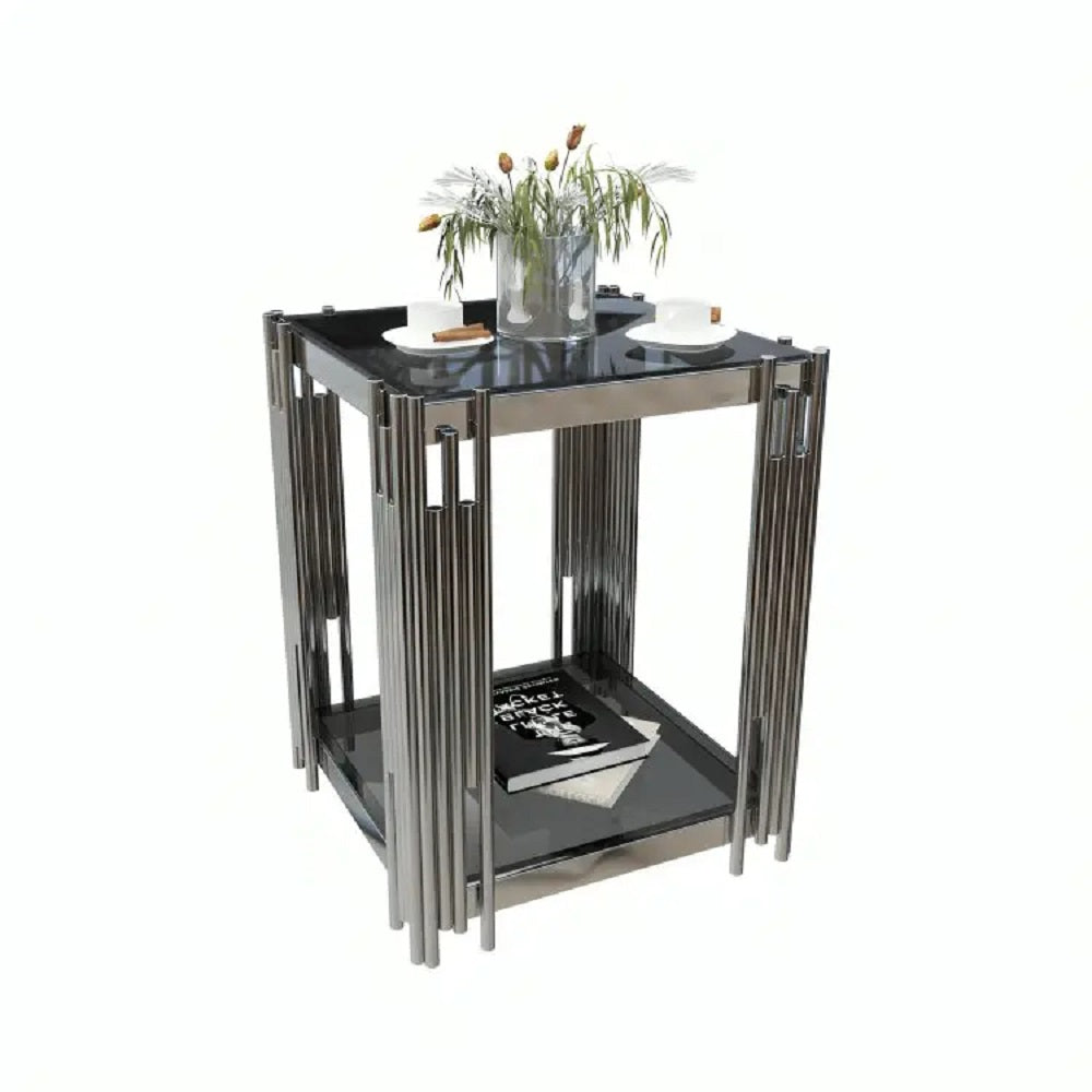 ترابيزة جانبية ستيل بسطح زجاج، 45*45*60 سم