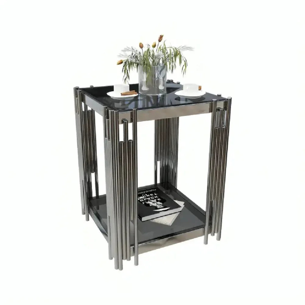 ترابيزة جانبية ستيل بسطح زجاج، 45*45*60 سم