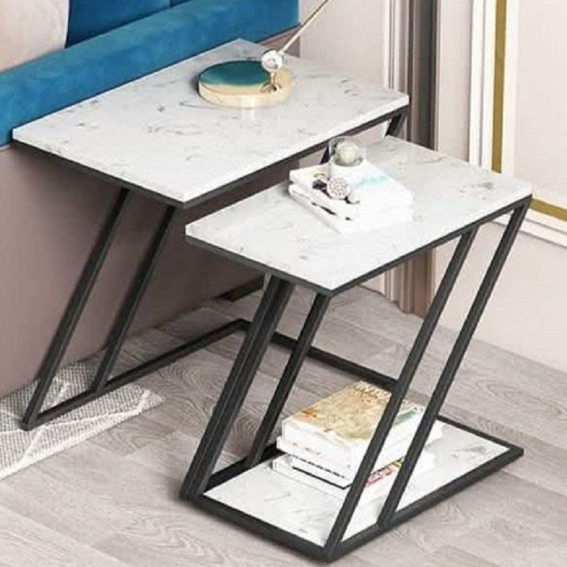 طقم ترابيزات جانبية ستيل بسطح رخام، قطعتين