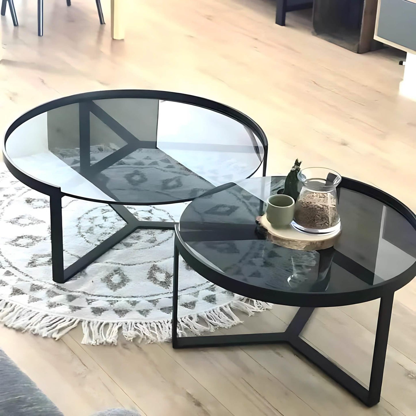 طقم ترابيزات قهوة ستيل بسطح زجاج، قطعتين