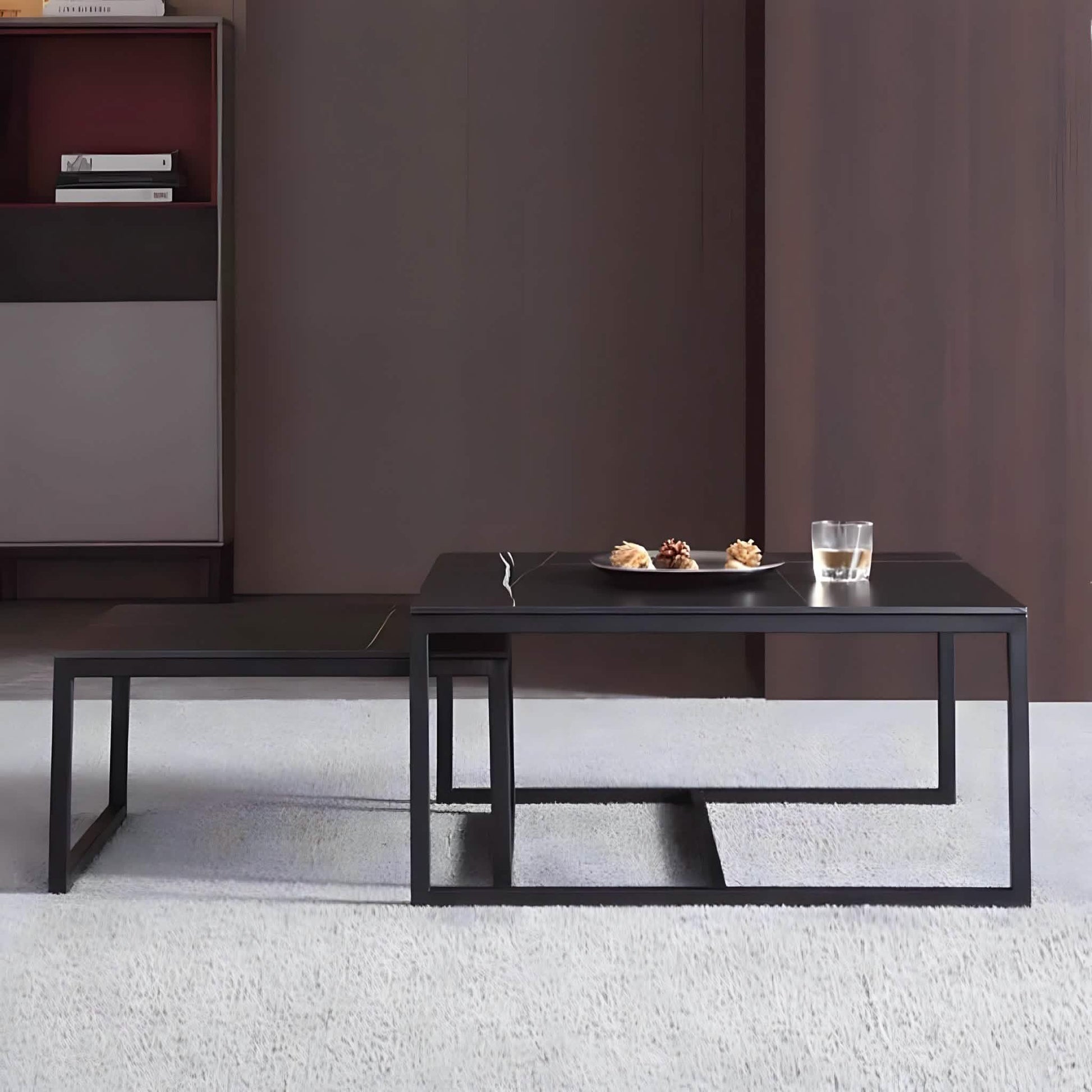 طقم ترابيزات قهوة متداخلة ستيل بسطح خشب، قطعتين