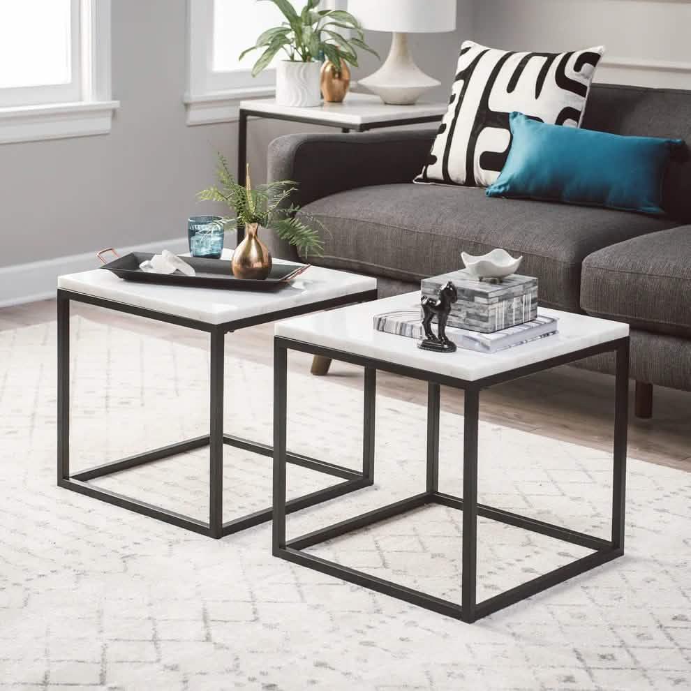 طقم ترابيزات قهوة ستيل بسطح رخام، قطعتين