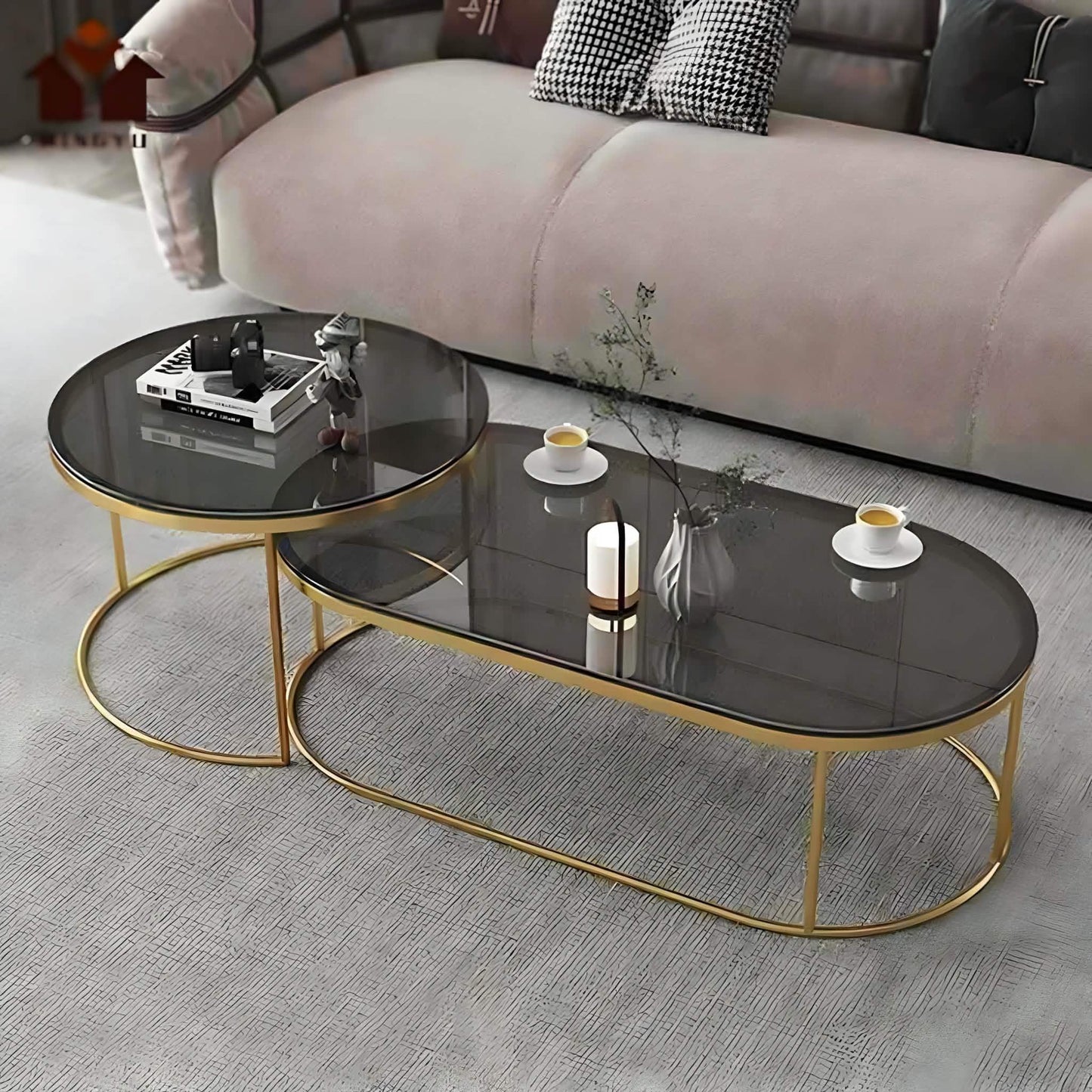 طقم ترابيزات قهوة متداخلة ستيل بسطح زجاج، قطعتين