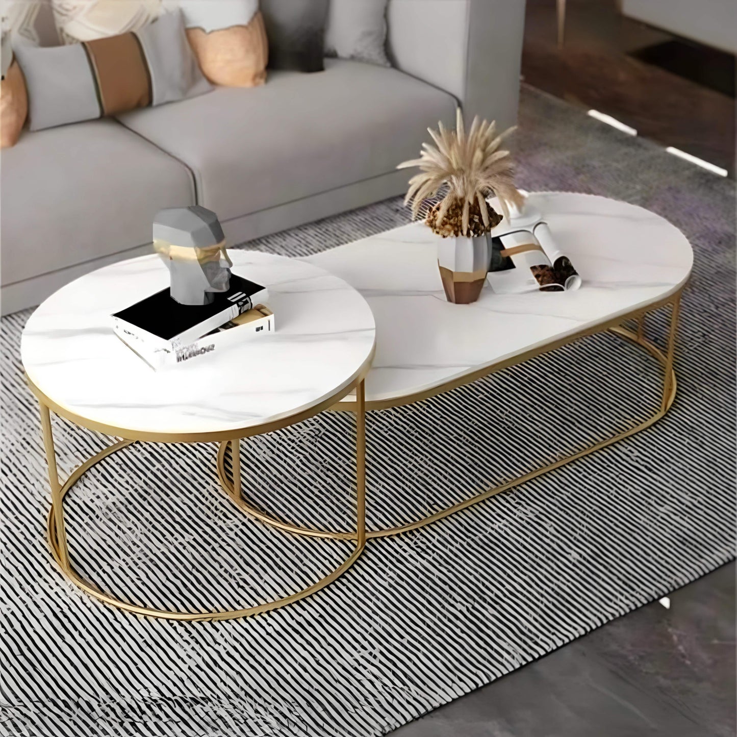 طقم ترابيزات قهوة متداخلة ستيل بسطح رخام، قطعتين