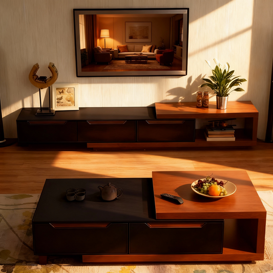 طقم ترابيزة تليفزيون مع ترابيزة قهوة، خشب ام دي اف - قطعتين