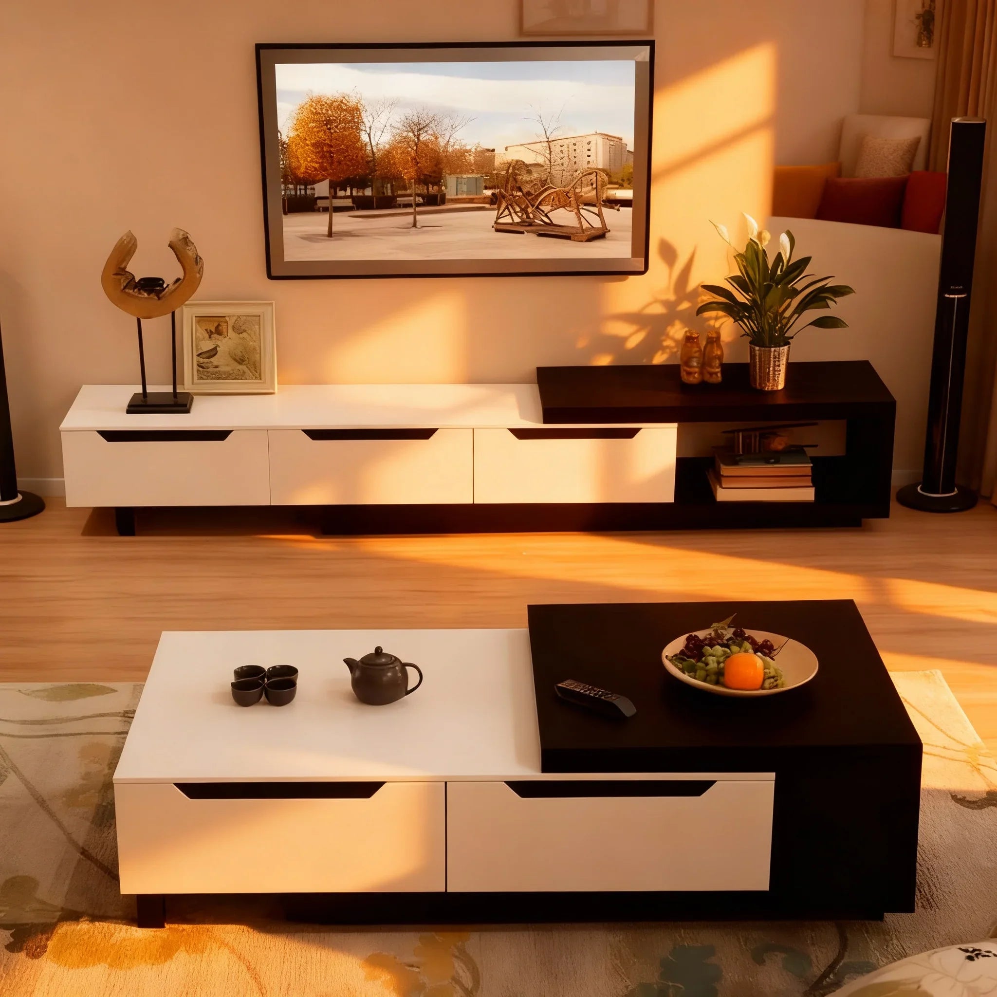 طقم ترابيزة تليفزيون مع ترابيزة قهوة، خشب ام دي اف - قطعتين