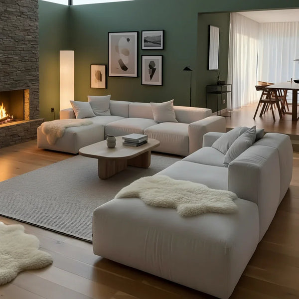 طقم كنب مع 2 بف خشب زان، 4 قطع