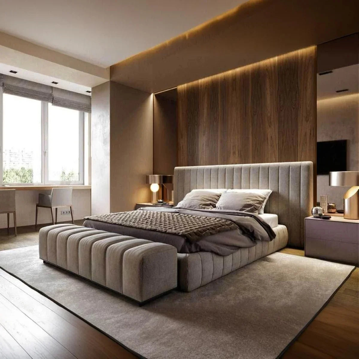 سرير كينج مع بانكيت خشب كونتر وموسكي، 160*225*120 سم