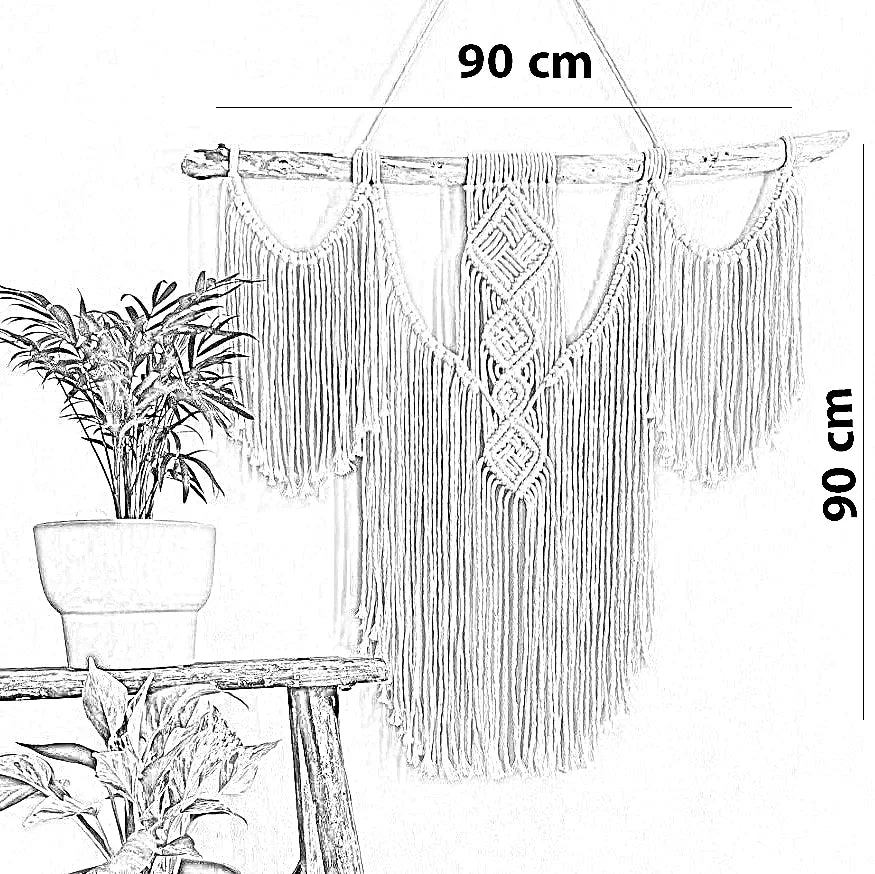 مكرمية حائط خشب طبيعي وقطن، 90*90 سم