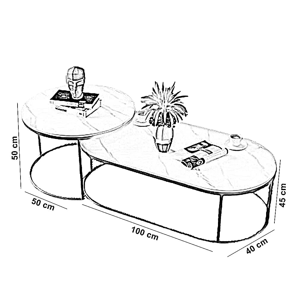 طقم ترابيزات قهوة متداخلة ستيل بسطح رخام، قطعتين