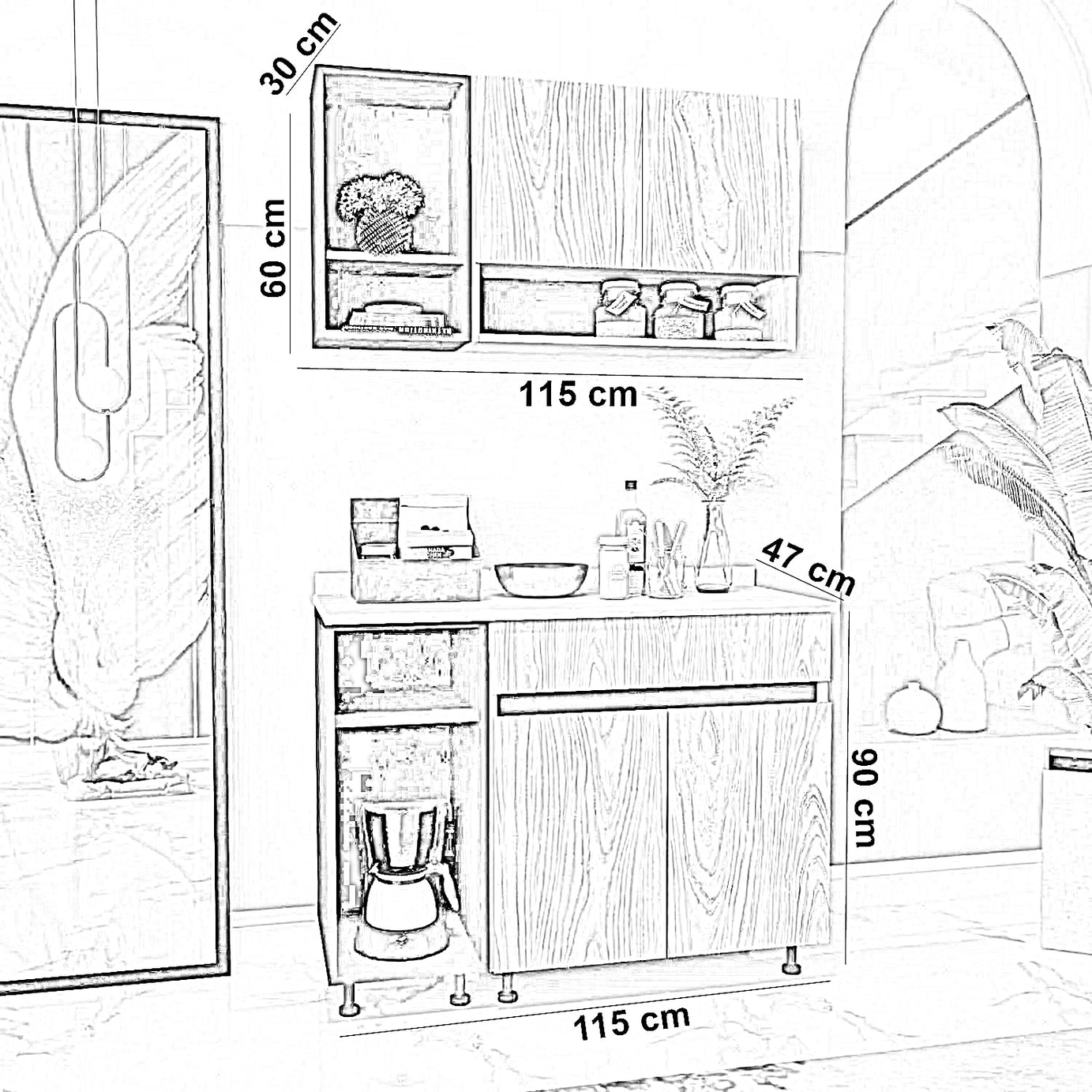 مطبخ خشب ام دي اف، قطعتين
