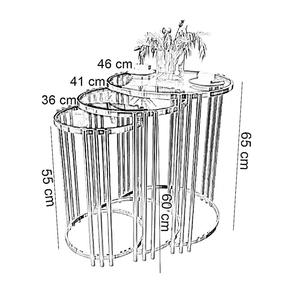 طقم ترابيزات جانبية متداخلة ستيل بسطح زجاج، 3 قطع