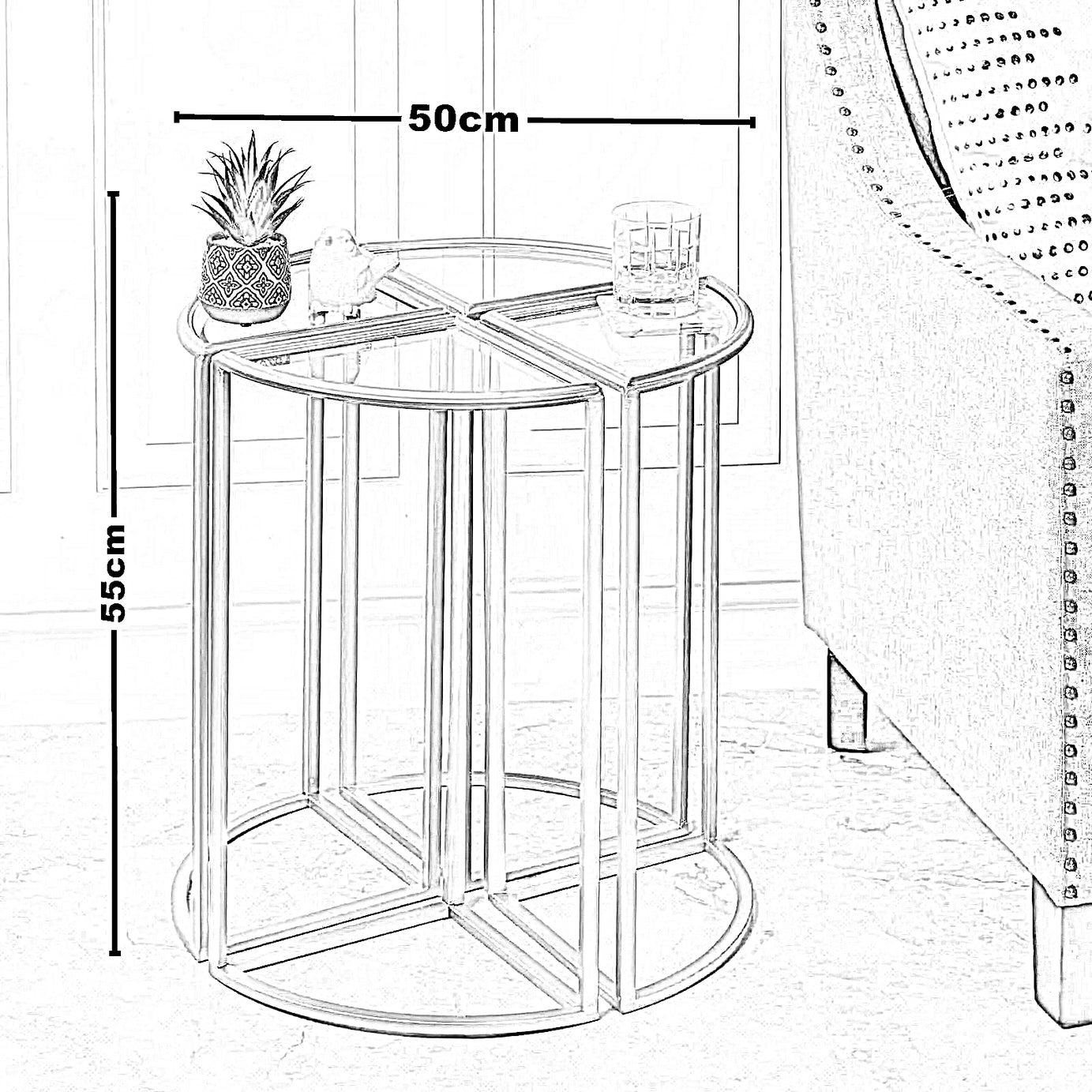 ترابيزة جانبية معدن بسطح زجاج، 50*50*55 سم