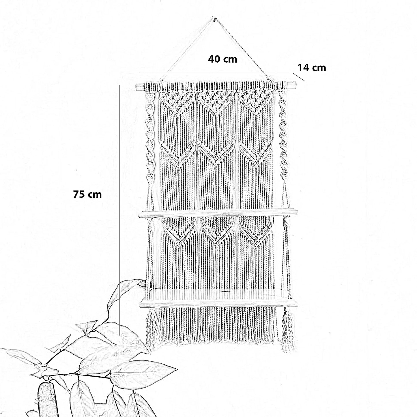 رف مكرمية حائط قطن و خشب موسكي، 40*14*75 سم