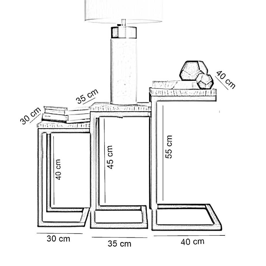 طقم ترابيزات جانبية معدن بسطح خشبي، 3 قطع