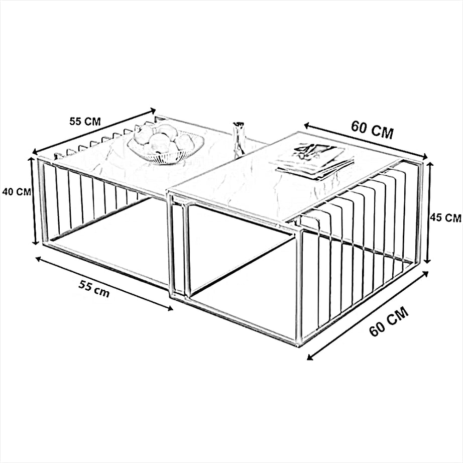 طقم ترابيزات قهوة ستيل ستيل بسطح رخام، قطعتين