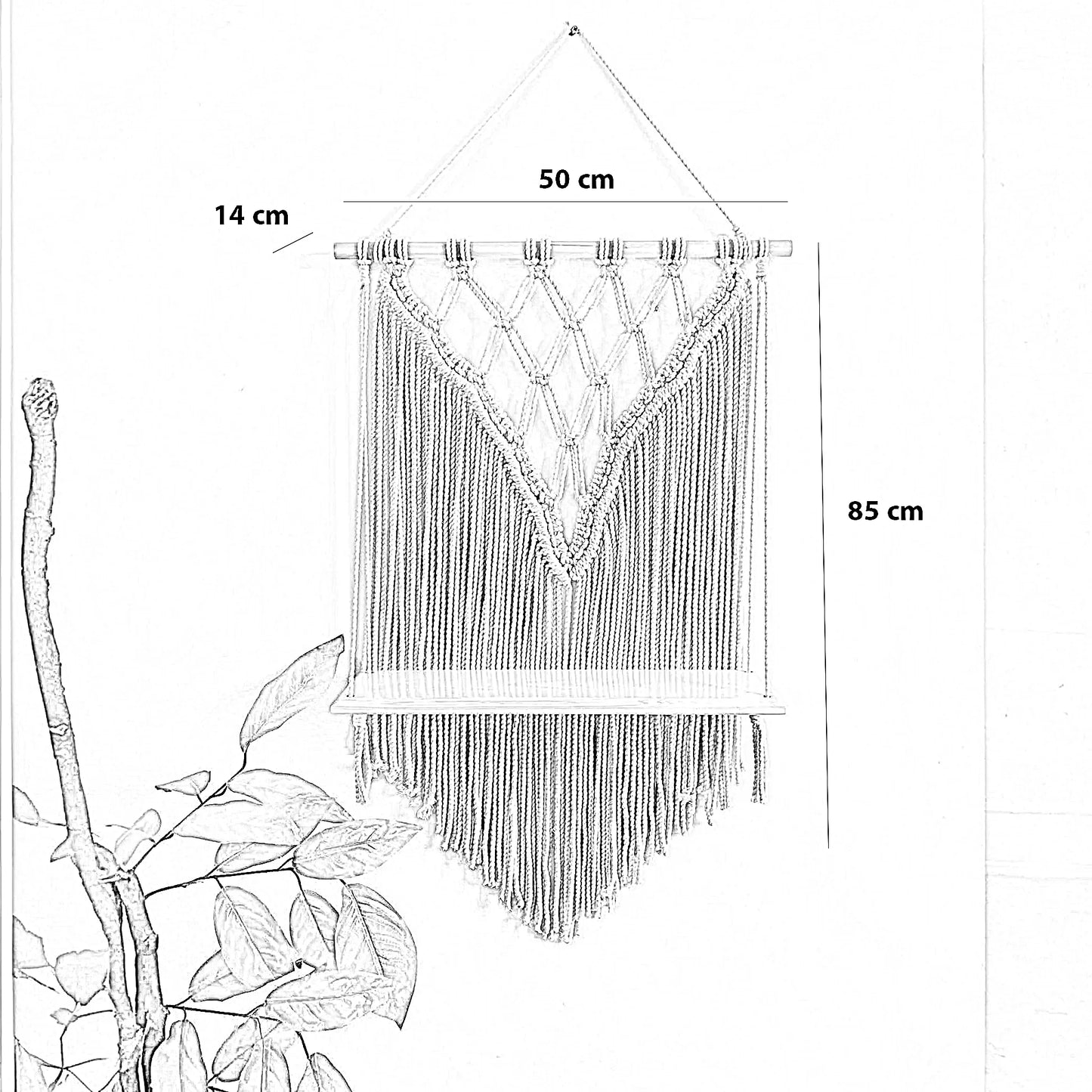 رف مكرمية حائط قطن و خشب موسكي، 50*14*85 سم