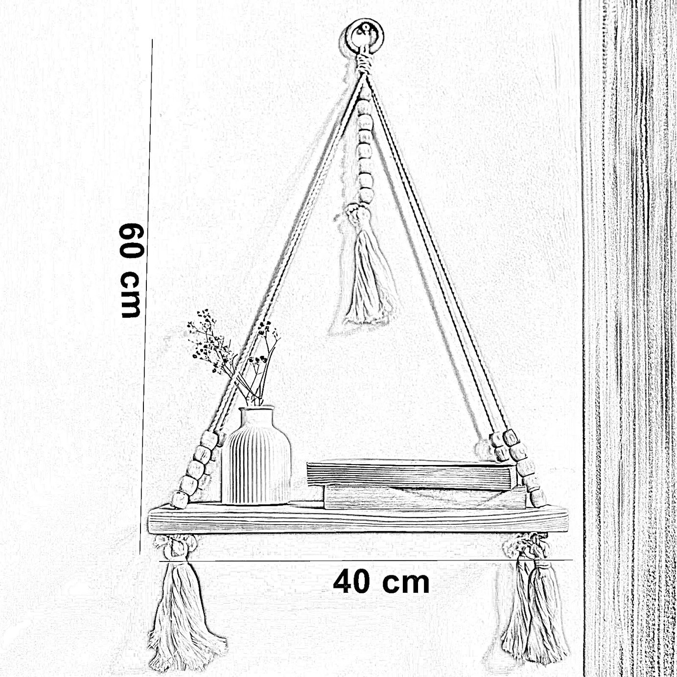 رف مكرمية حائط خشب طبيعي وقطن، 40*60 سم