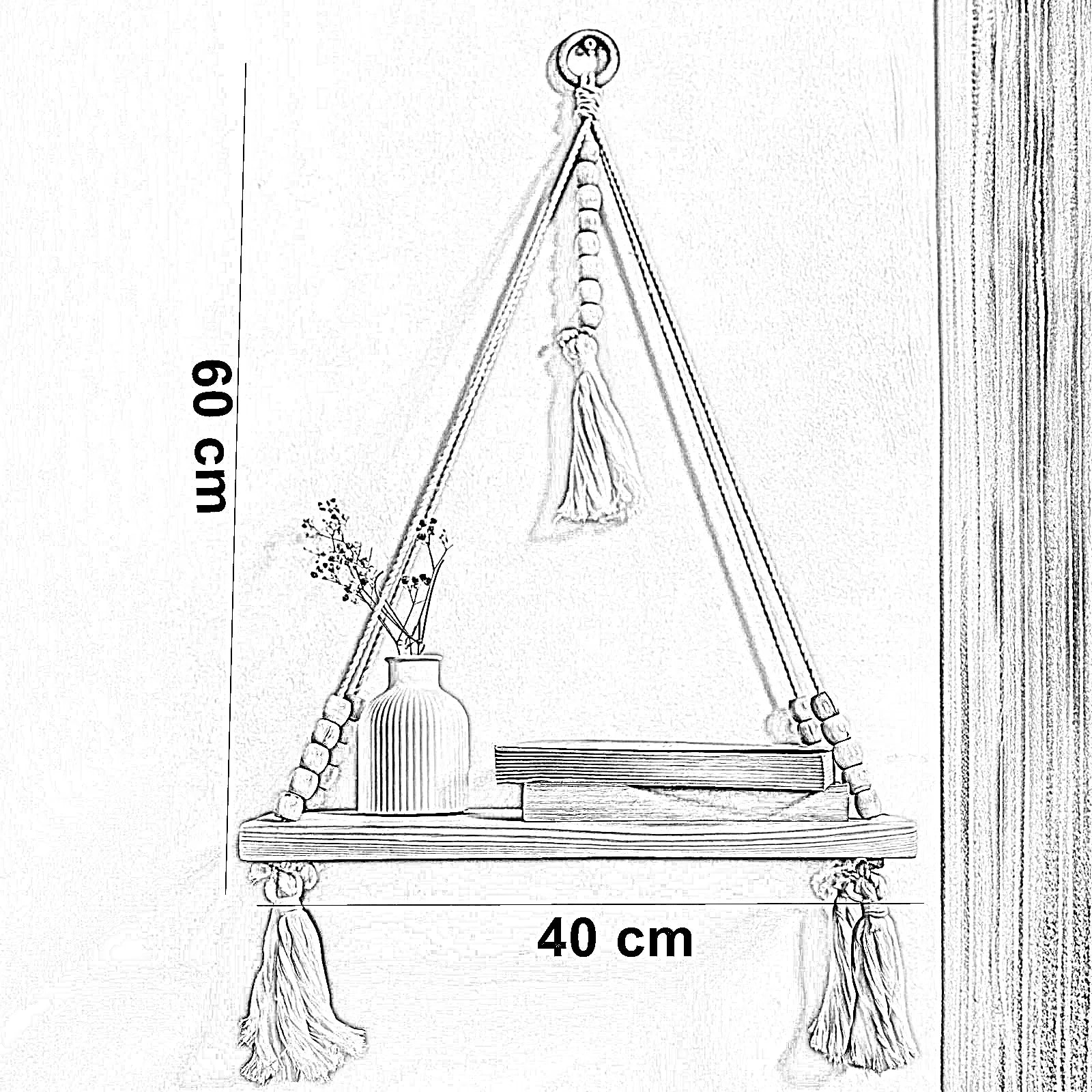 رف مكرمية حائط خشب طبيعي وقطن، 40*60 سم