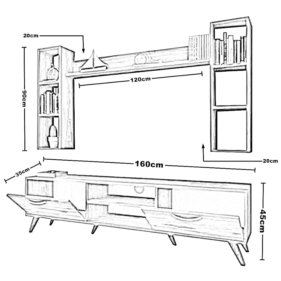 ترابيزة تليفزيون ام دي اف، 3 قطع - 160*35*45 سم