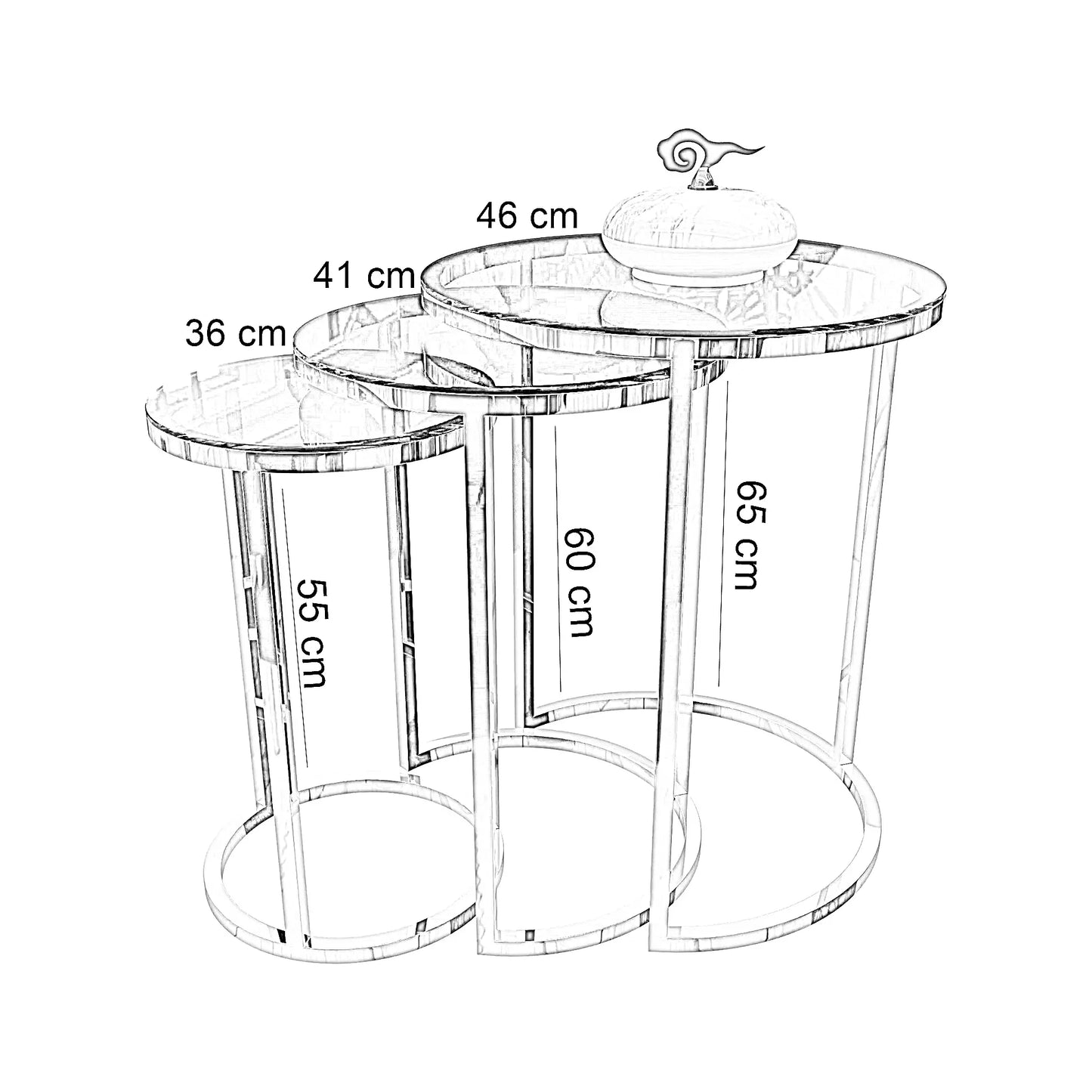 طقم ترابيزات جانبية متداخلة ستيل بسطح زجاج، 3 قطع