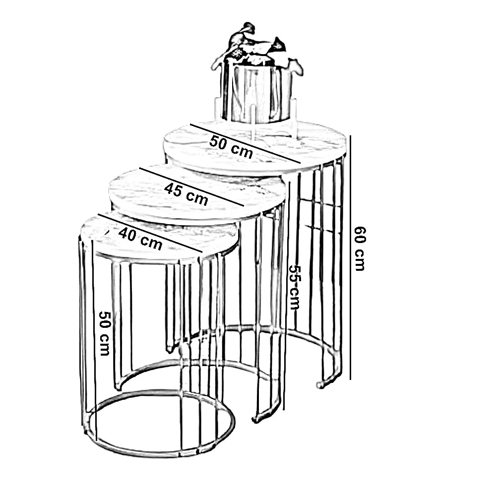 طقم ترابيزات جانبية متداخل ستيل بسطح رخام، 3 قطع