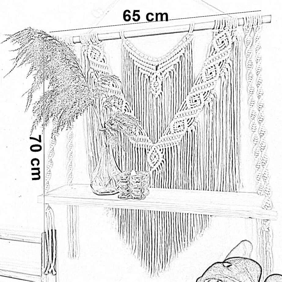 رف مكرمية حائط خشب طبيعي وقطن، 65*70 سم