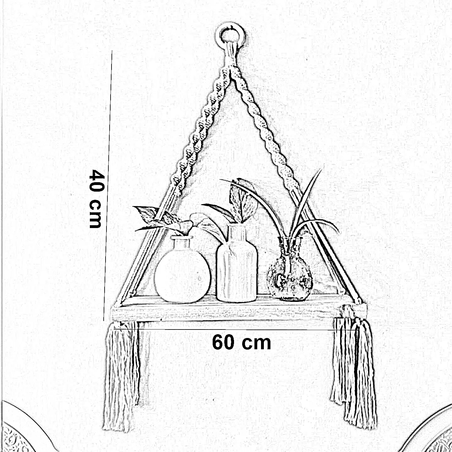 رف مكرمية حائط خشب طبيعي وقطن، 60*40 سم