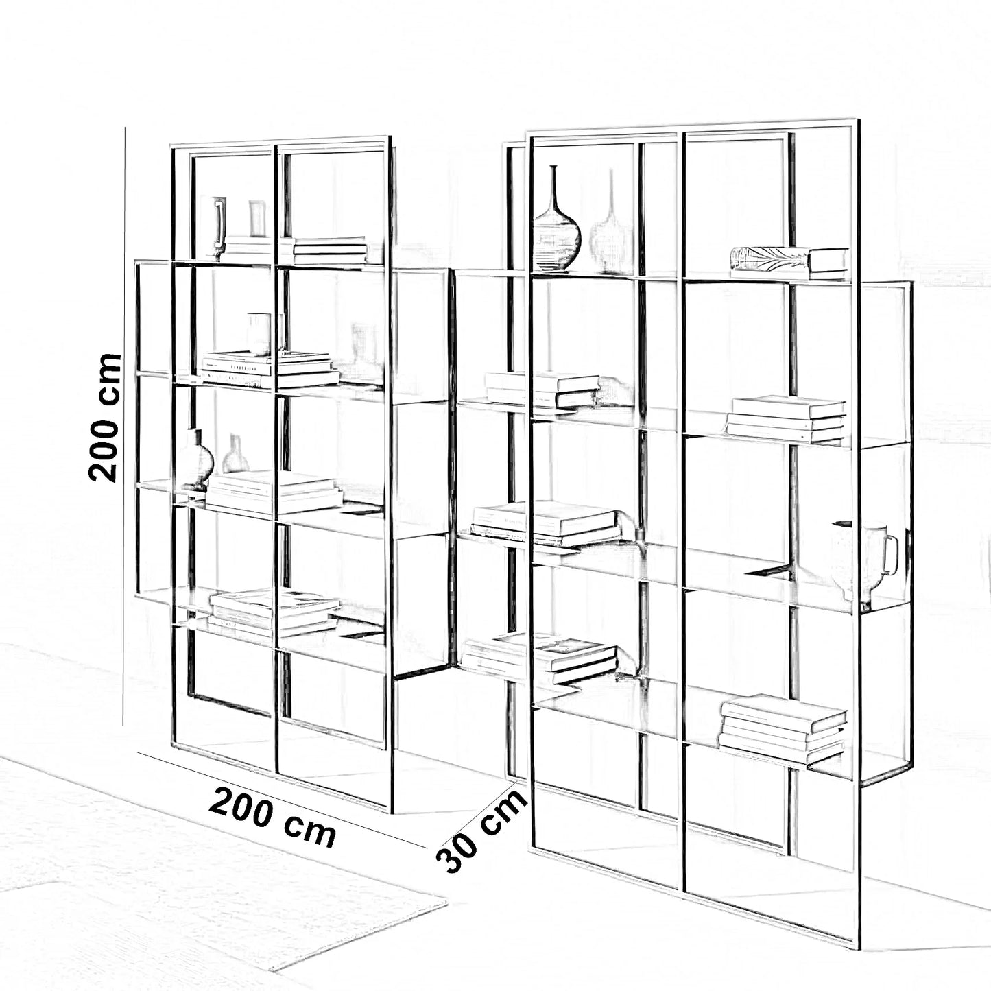 وحدة أرفف ستيل و زجاج، 200*30*200 سم