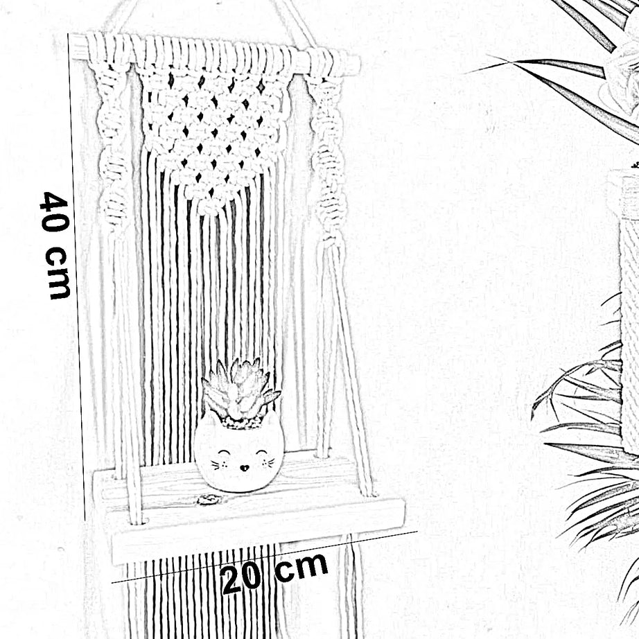 رف مكرمية حائط خشب طبيعي وقطن، 20*40 سم