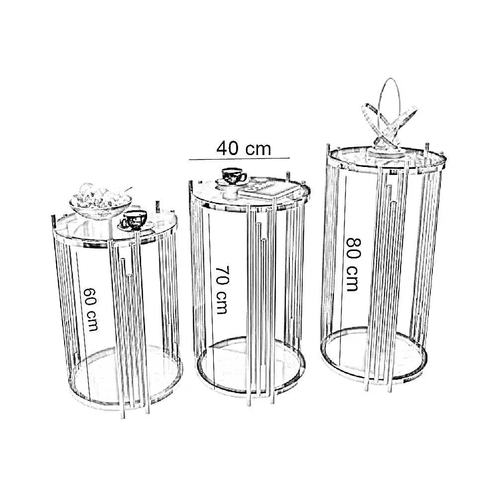 طقم ترابيزات جانبية متداخلة ستانلس ستيل بسطح زجاج، 3 قطع