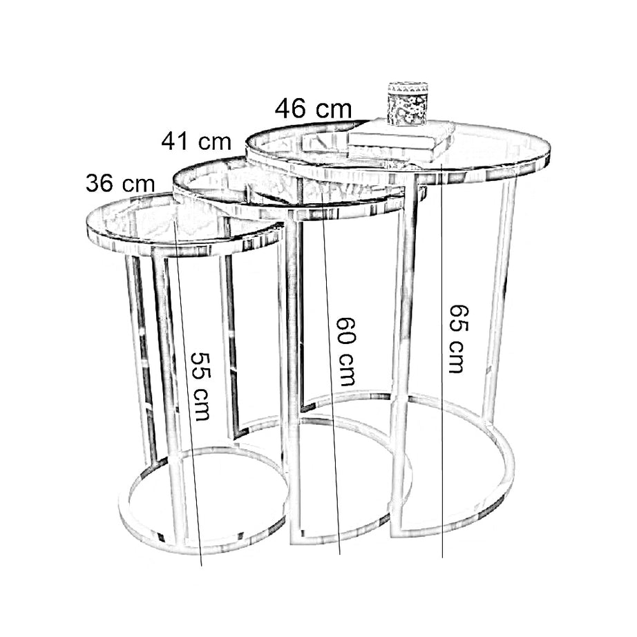 طقم ترابيزات جانبية متداخلة ستيل بسطح زجاج، 3 قطع