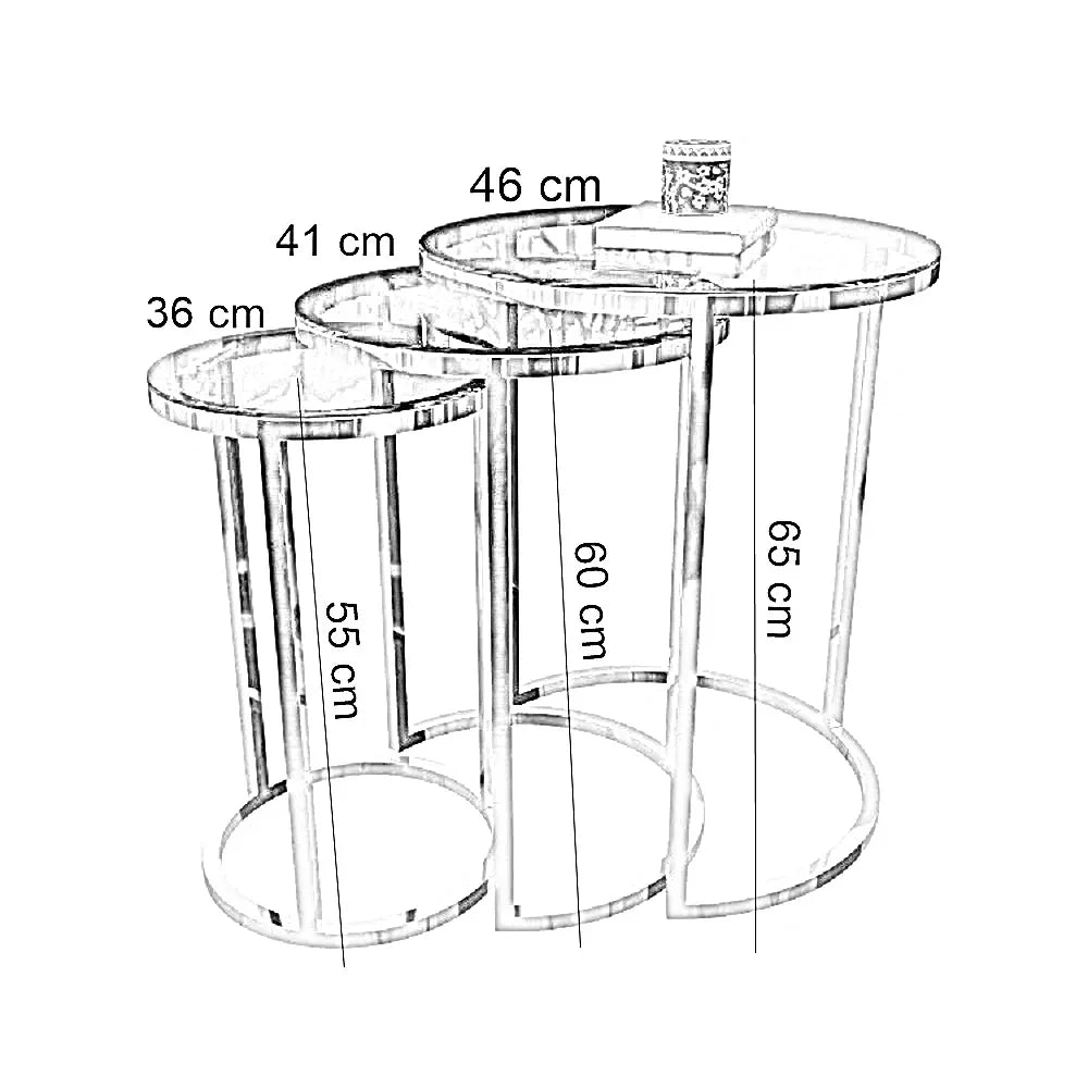 طقم ترابيزات جانبية متداخلة ستيل بسطح زجاج، 3 قطع