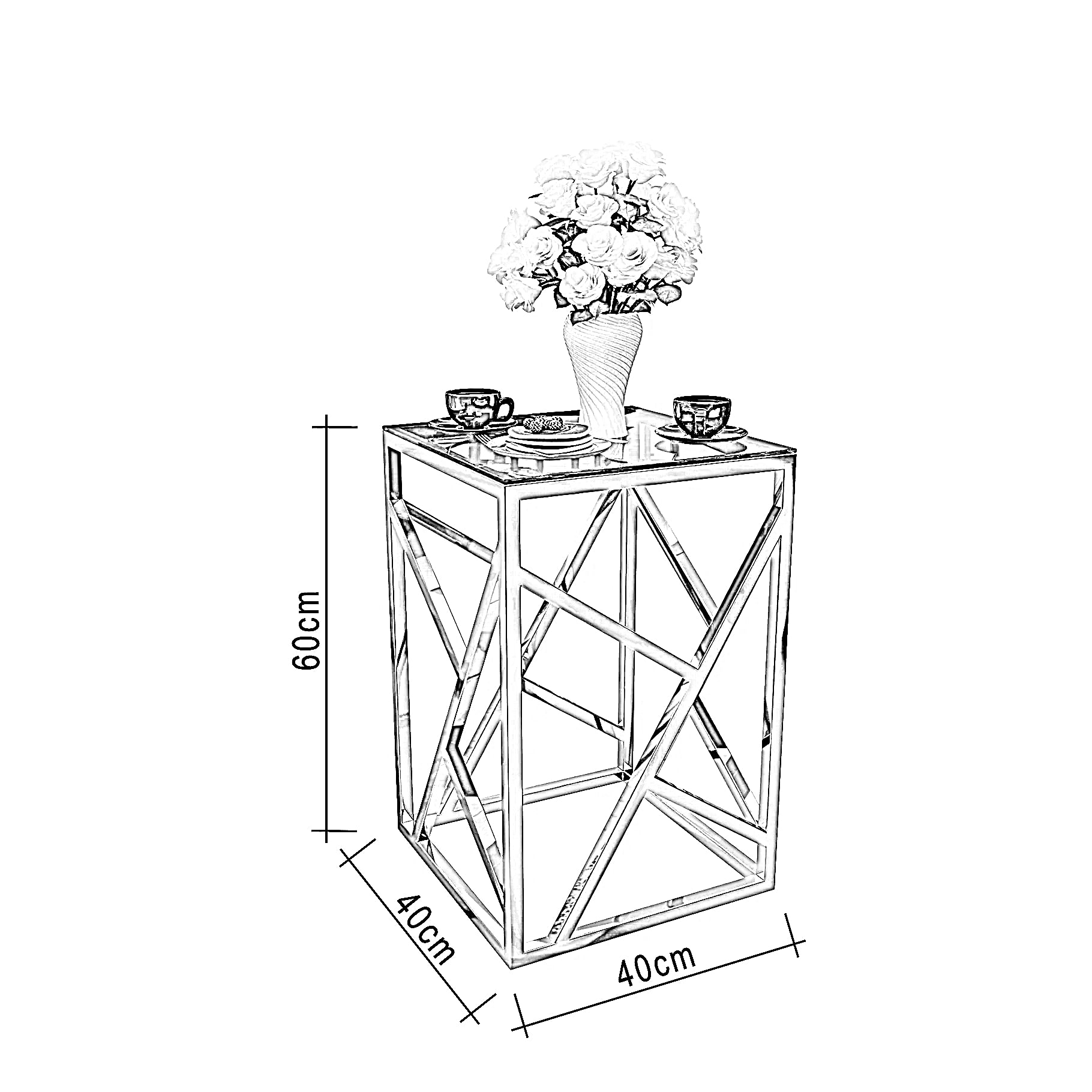 ترابيزة جانبية ستيل بسطح زجاج، 40*40*60 سم