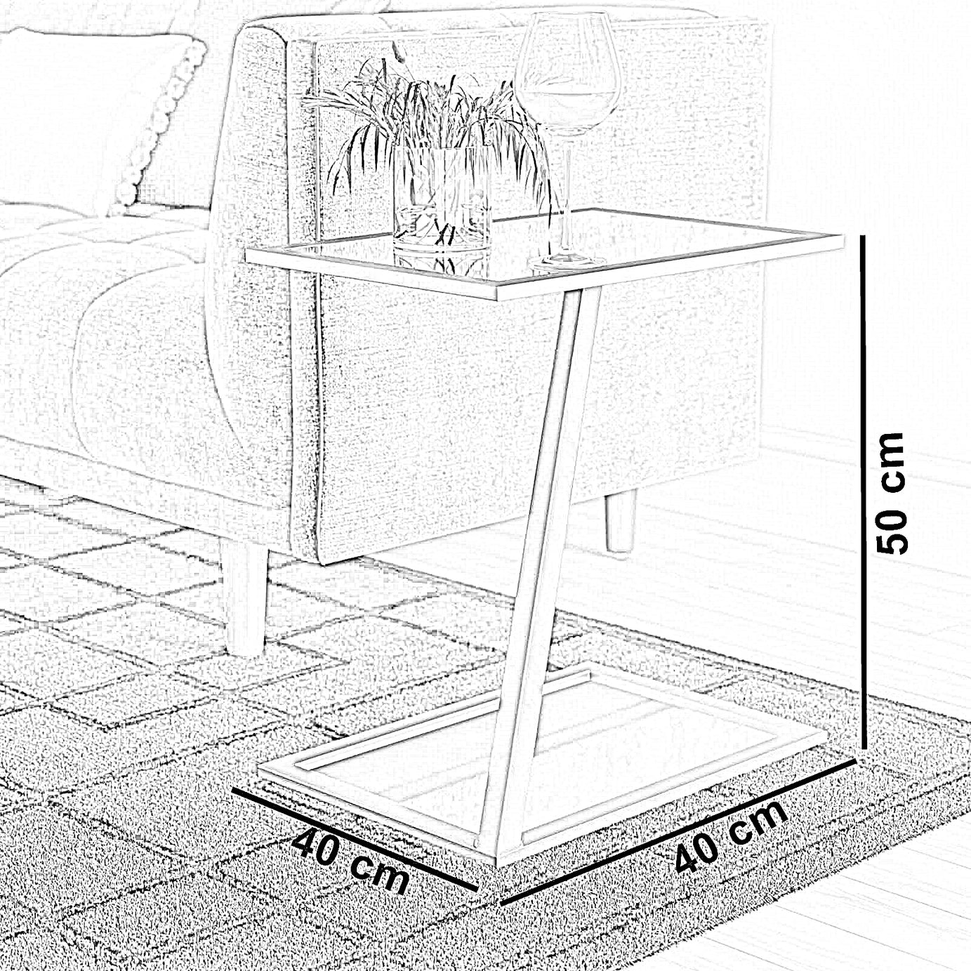 ترابيزة جانبية معدن بسطح زجاج، 40*40*50 سم