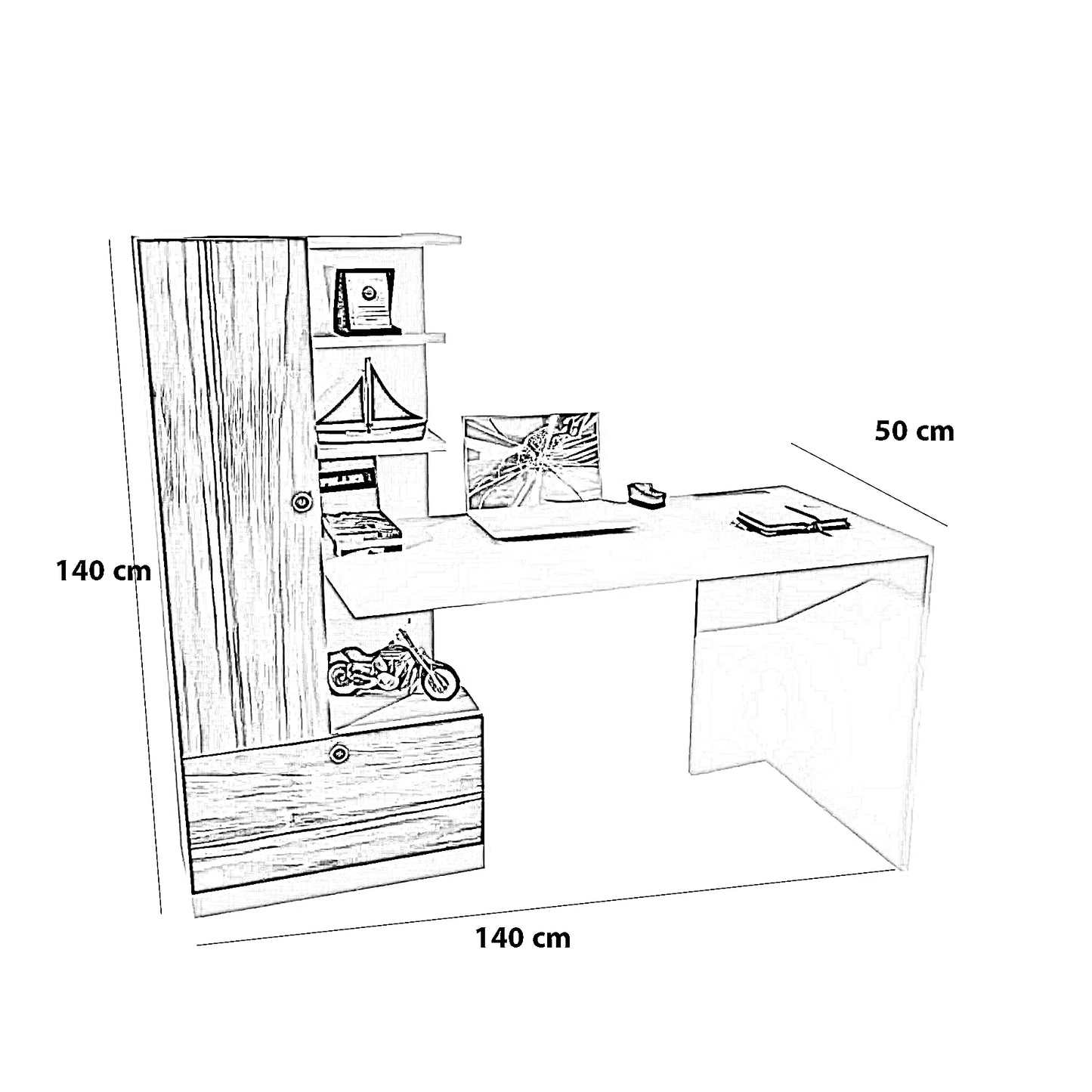 مكتب بمكتبة جانبية، 140*50*140 سم
