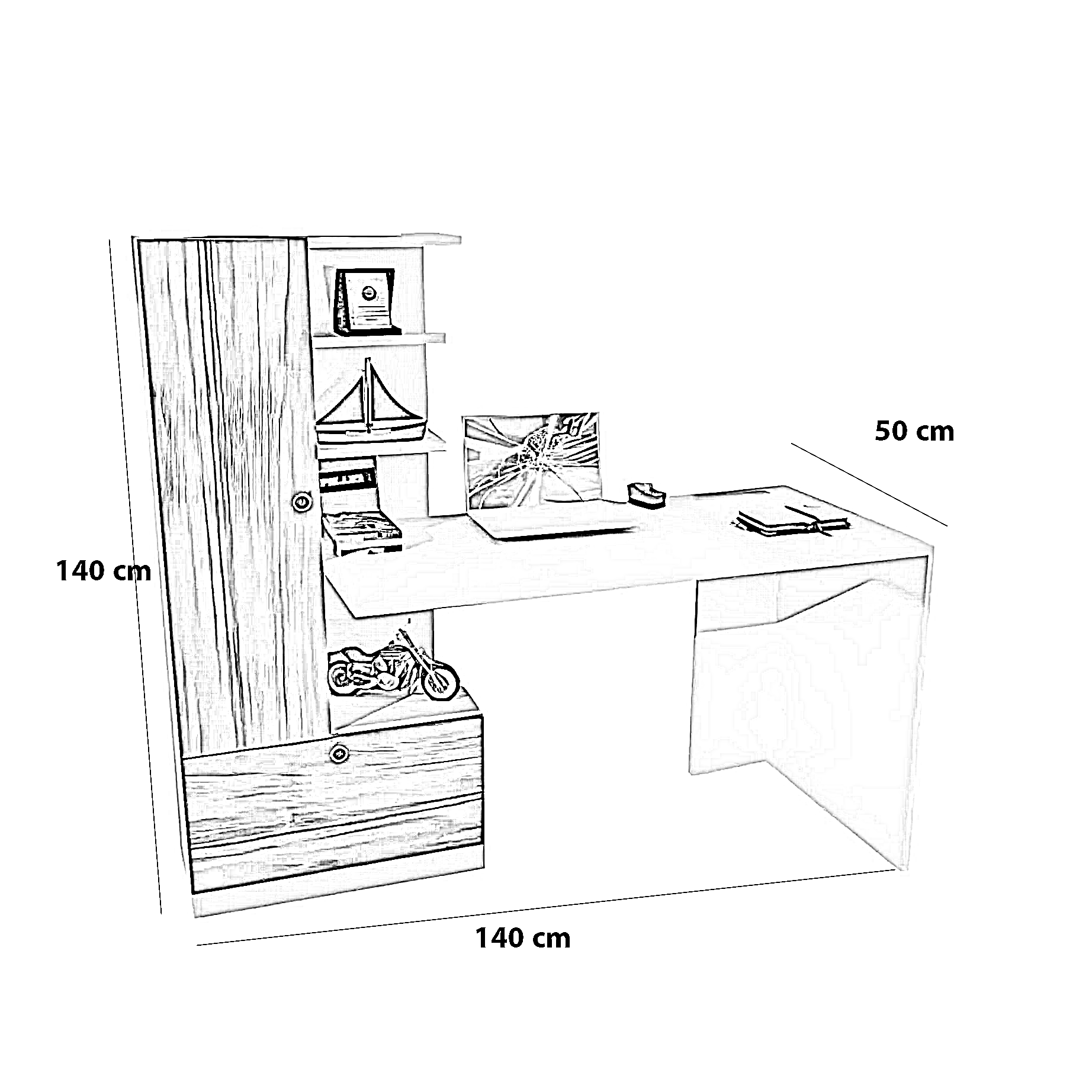 مكتب بمكتبة جانبية، 140*50*140 سم