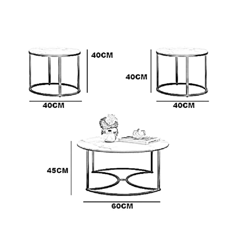 طقم ترابيزات قهوة متداخلة ستيل بسطح رخام، 3 قطع