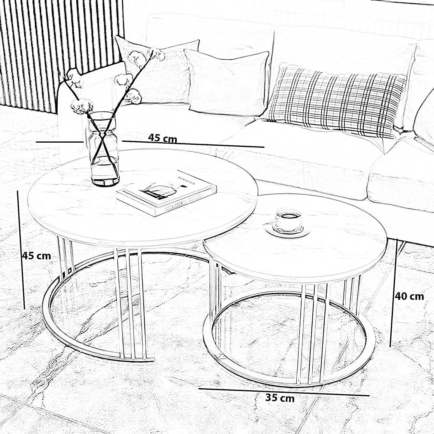 طقم ترابيزات قهوة متداخلة ستيل بسطح رخام، قطعتين