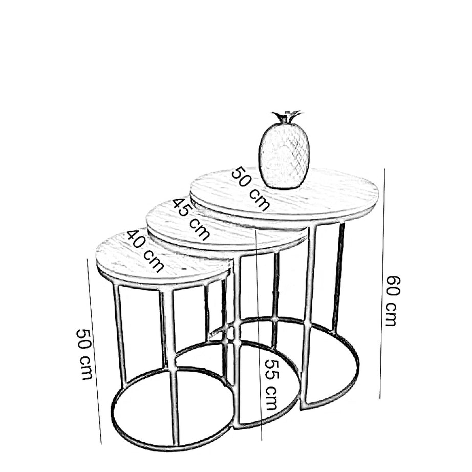 طقم ترابيزات جانبية متداخلة معدن بسطح خشب، 3 قطع