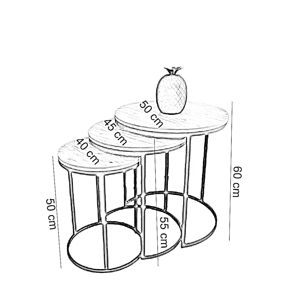 طقم ترابيزات جانبية متداخلة معدن بسطح خشب، 3 قطع