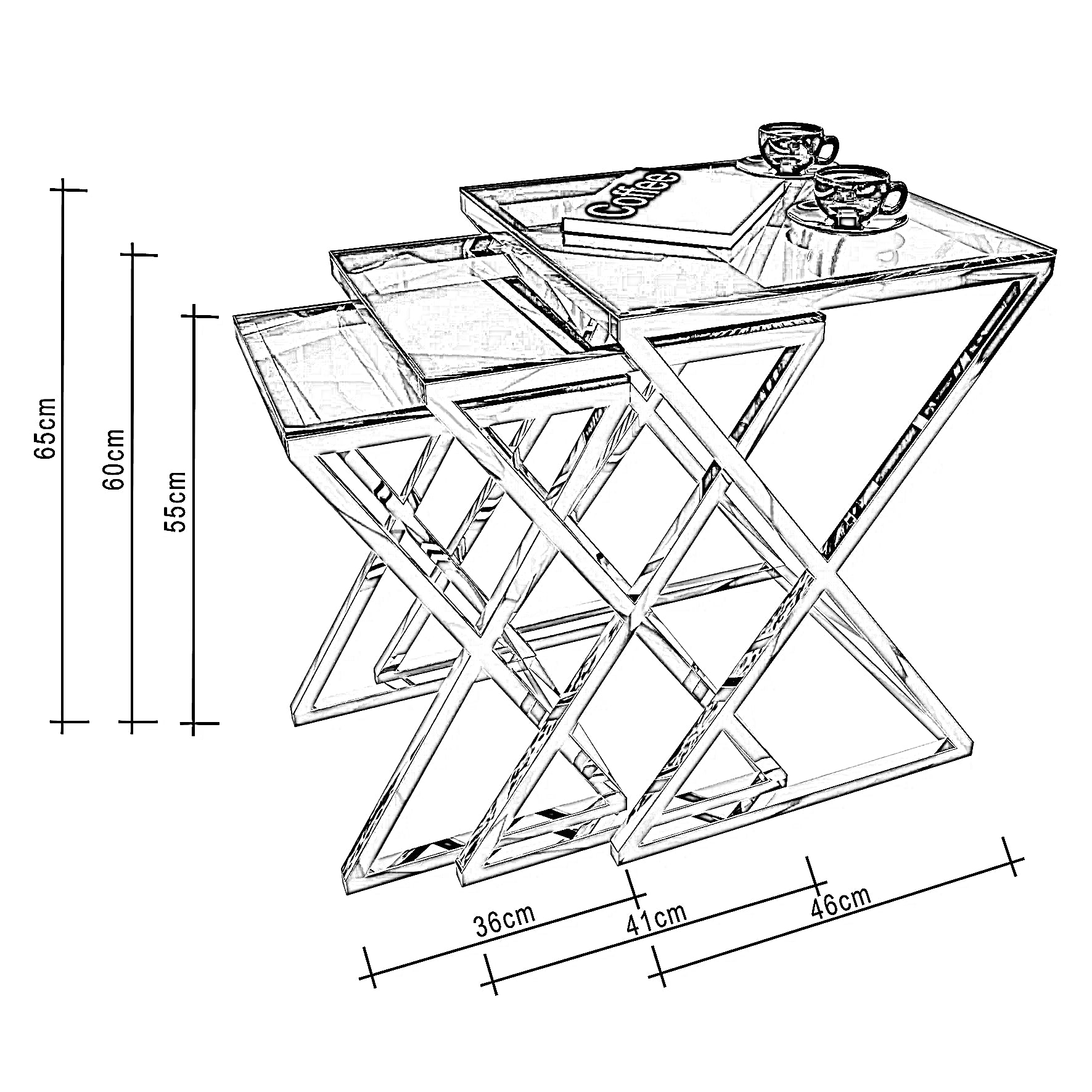 طقم ترابيزات جانبية متداخلة ستيل بسطح زجاج، 3 قطع