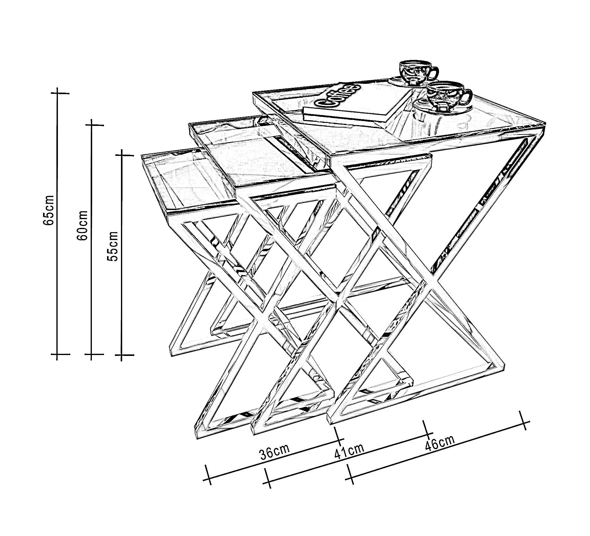 طقم ترابيزات جانبية متداخلة ستيل بسطح زجاج، 3 قطع
