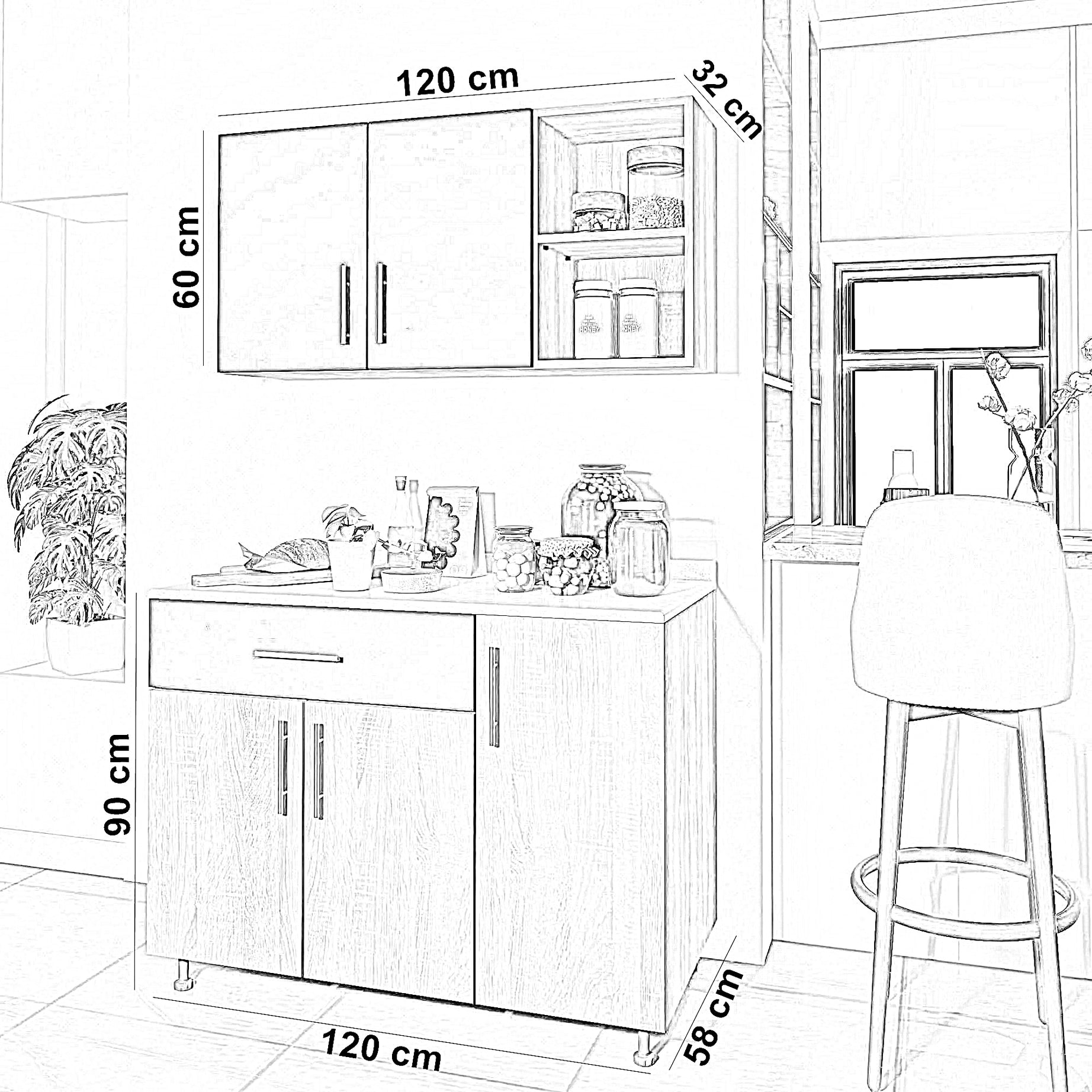 مطبخ خشب ام دي اف، قطعتين